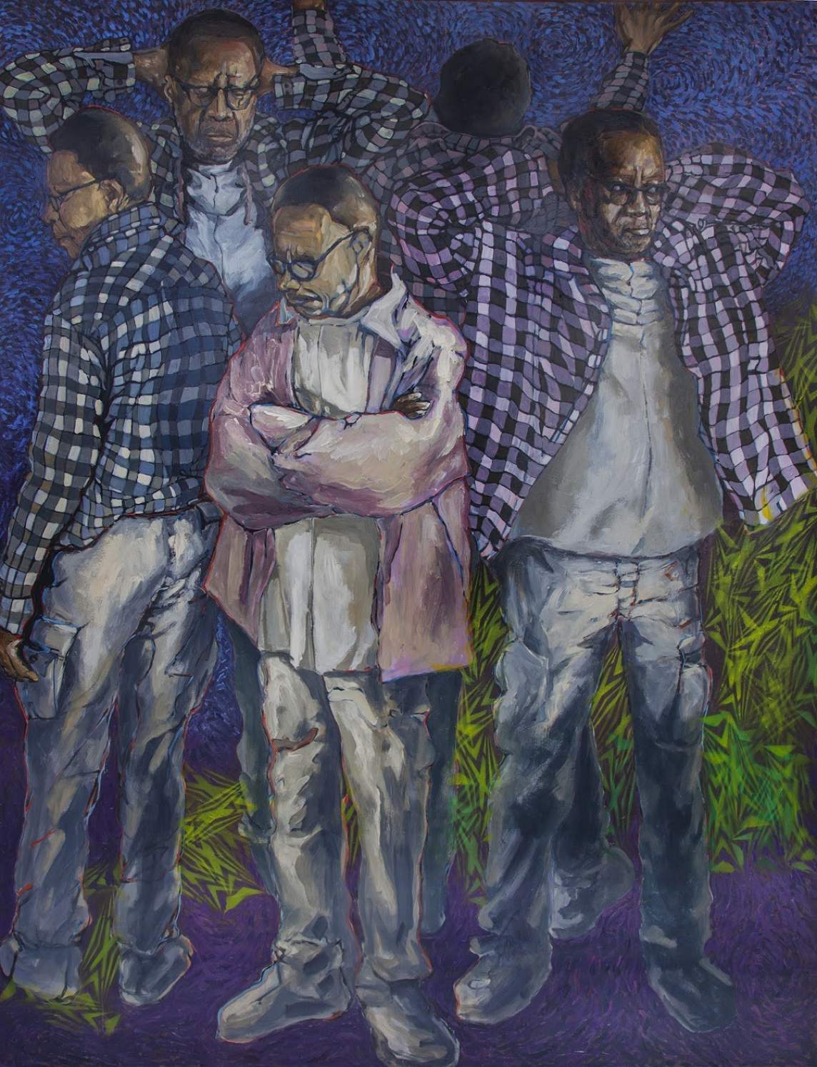 The same person, the artist, is shown 5 times, standing in a tight cluster in this vertically oriented painting. The two leftmost figures wear identical blue, checked, button-down shirts, and the pair to the right wears the same in purple. The person at the front wears a pink shirt and stands with arms crossed and looking down.