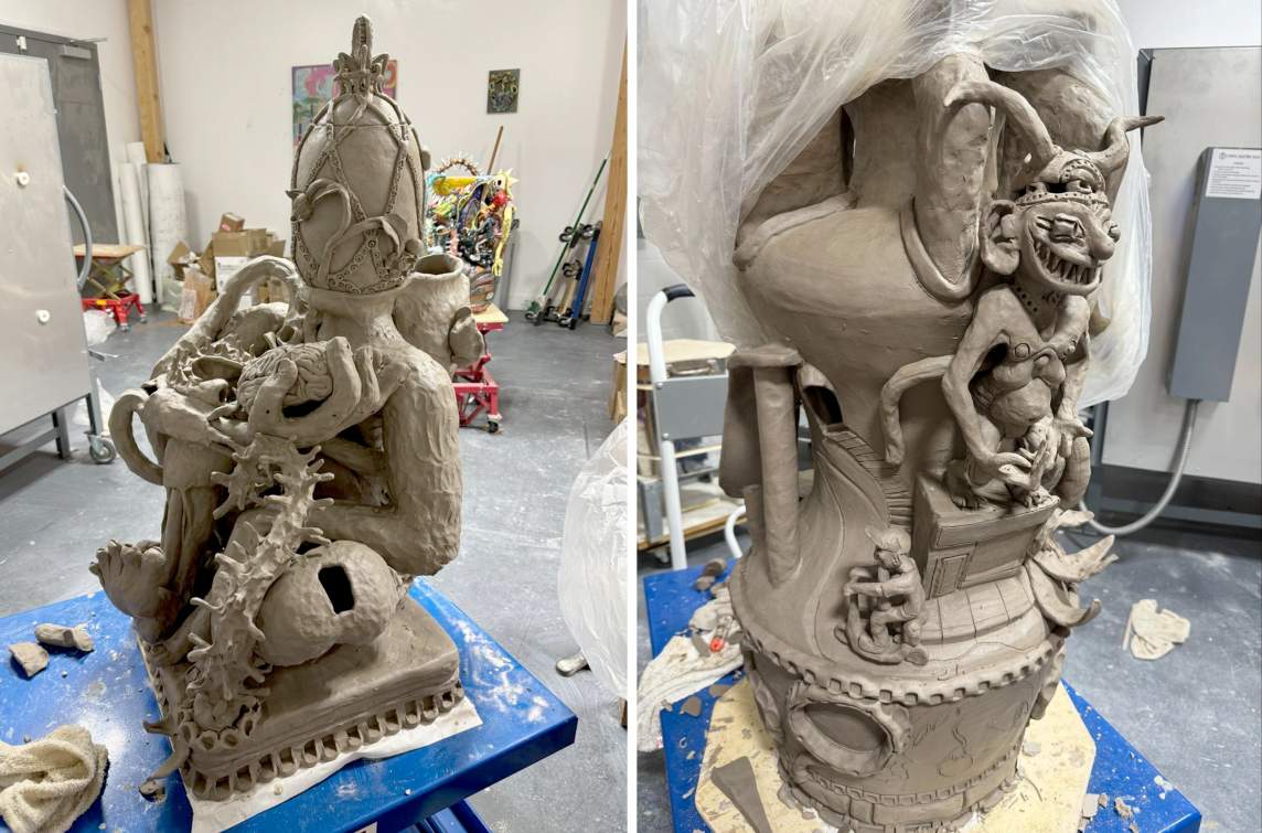Two photos show in progress clay sculptures in wet, tan clay. On the left is a figurative creature sitting semi-crosslegged with a egg head, and on right, a demon figure extends from a vase.