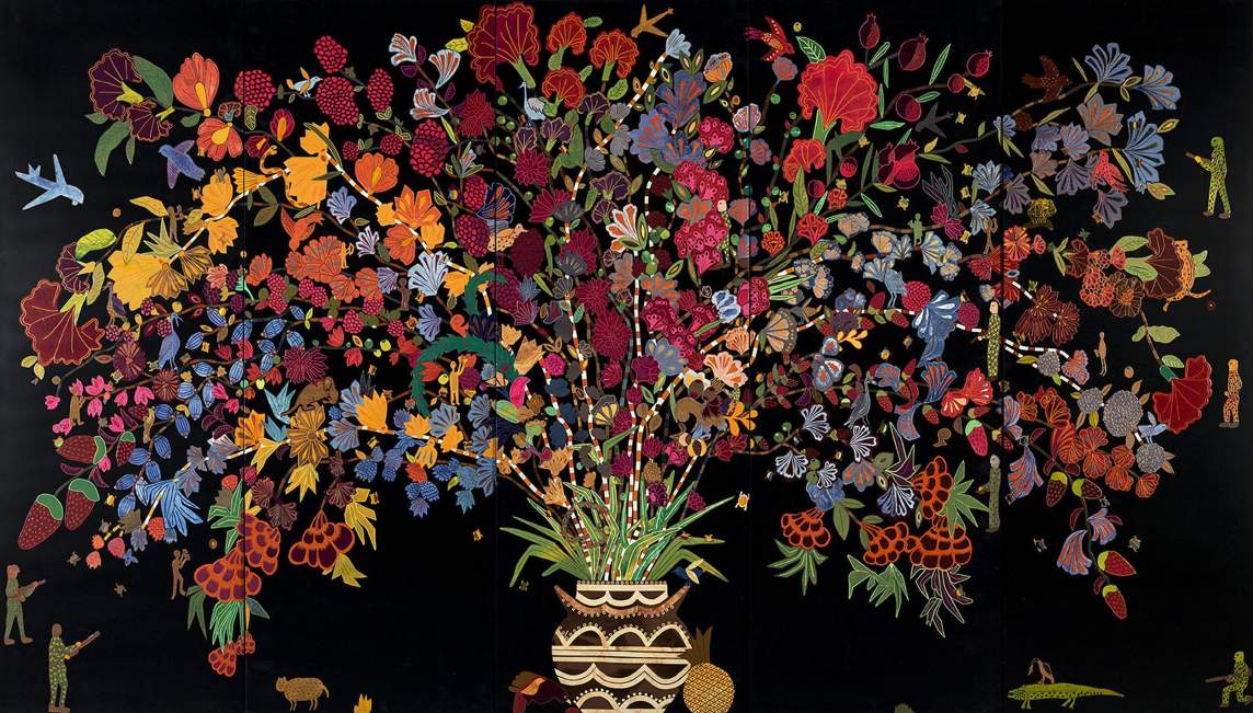 An impossibly wide, full bouquet of brightly colored fruit and flowers stretches across five joined vertical panels from a vase at the bottom center against a black background. Tiny in scale, about a dozen people stand with sticks, possibly rifles, tucked against their midsections, as others appear tend to the flowers within the bouquet.