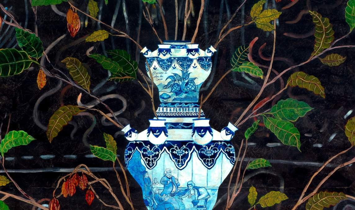 Detail showing the top two levels of the white and blue vase, which are decorated with a cacao plant against a landscape on the topmost section and four people wearing colonial-style clothing gathered around a table on the second. Blue cursive painted text on the top section reads, “Rameau de L’arbre du Cacao.”