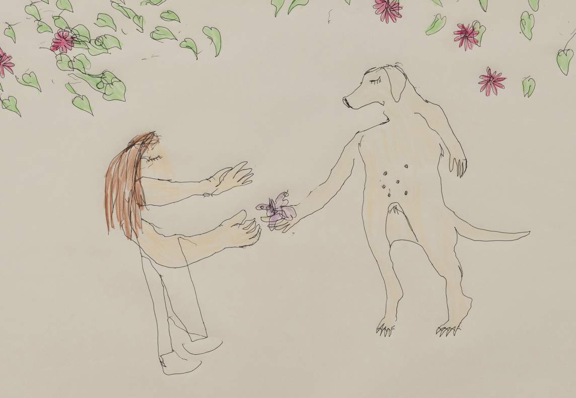 A landscape drawing depicting a fantastical scene. Under a canopy of green leaves and purple flowers that fill the top of the picture, Emilie stands in the foreground, facing away from the viewer  with outstretched arms, awaiting a gift from an anthropomorphized London, who is standing upright on her hind legs on the right side of the drawing. London holds out a purple butterfly in her outstretched paw, as a gift to her human partner.