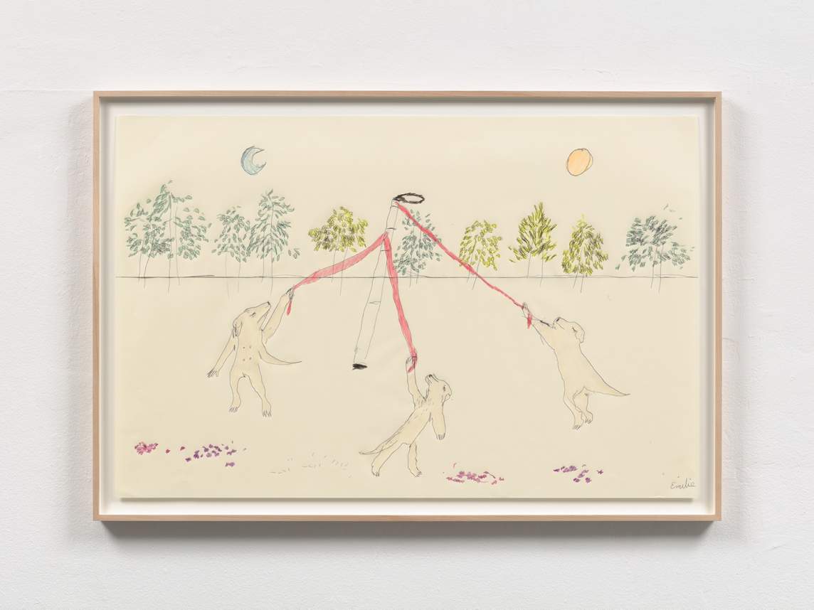 A landscape drawing of three golden Labrador Retrievers with human arms and hands dancing on their hind legs around a Maypole, which raises out from the ground in the center of the drawing. The Maypole is drawn to resemble the artist's extendable white cane, with a cane tip, and a black looped handle. There are three pink dog leashes coming out from the top of the white cane maypole, which each dog holds onto as they circle around it. There are trees in the background, above the trees in the sky is a pale blue crescent moon at the top left, and a yellow orange sun in the top right. There are red flowers on the ground, and the colors of the trees feels like the birth of spring.