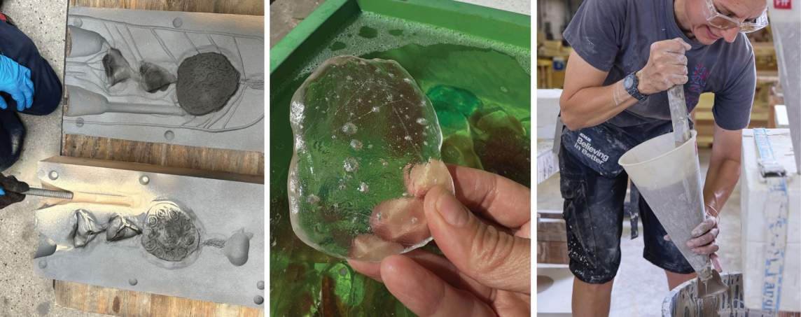 In the first of three snapshots, a person mostly out of view holds a bolt near one of two molds that lie open before them. Next is a close-up of a hand holding what resembles a piece of ice fished from a half-frozen puddle, presumably glass. In the third picture, a person uses a wood stick to move clay or slip through a plastic cone, which is open at the bottom.