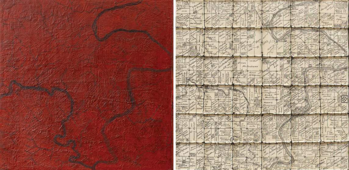 Detail views of a red panel showing the thick, textured surface. The detail of the right half focuses on a six-by-six area. Streets create grids within grids in the square panels. One area, to our right, about two by two blocks, is labeled with bolder text to read “Sageeyah.”