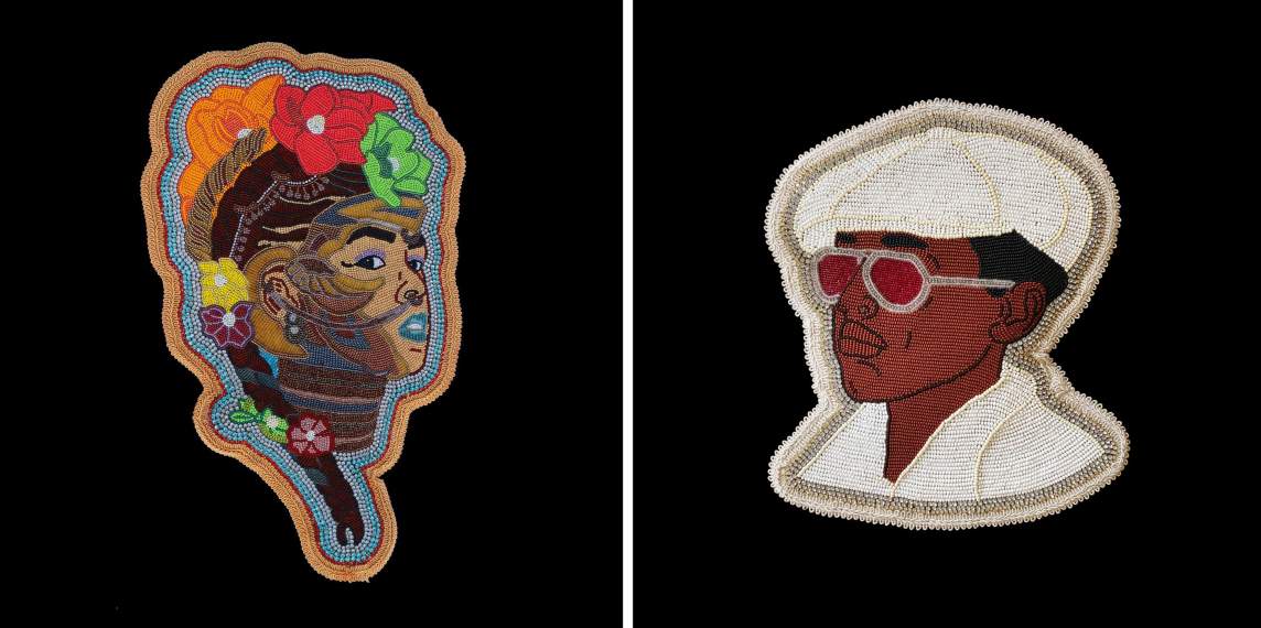 A composite image of two portraits on canvas, rendered with sewn beads. On the left, Nefertari Meritmut depicts a woman in profile with dark skin tone and dark brown braids, adorned with flowers in her hair. On the right, What’s Still Going On depicts a man with dark skin tone and black hair, wearing a white newsboy cap, red tinted glasses with silver frames, and a white shawl or jacket.