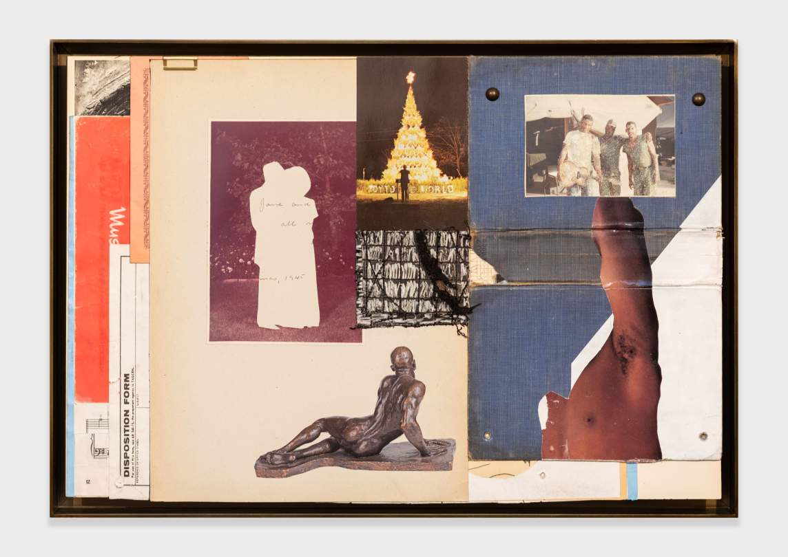 Sheets of paper or cutouts are layered to create a collage-like work made up of a photograph of a lit Christmas tree, a snapshot of two Black soldiers in camouflage and a man holding a guitar, a sheet of music, and a “Disposition Form.” At bottom center is a picture of a bronze sculpture showing a man from behind as he reclines and lifts his torso on one muscular arm. One half of an upper torso and upper arm of a Black man has been cut out and pasted next to the sculpture, leading up to the snapshot.