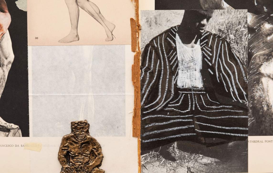 One nearly full photograph and fragments of illustrations are layered into a collage. Imagery includes the carved marble leg of a man above a partially visible caption reading “[Fr]ancesco da Sangallo, marble”; a pair of a man’s lower legs; and a black-and-white photograph of a Black man who has been given a pinstripe suit with white chalk over the photo. At the bottom center is a shallowly molded torso and genitals of a seated man.