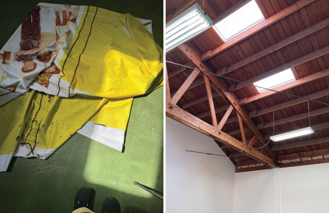 In the first of two snapshots, we look down onto a yellow and white piece of fabric with black stitching and images of children on a green floor. Next we look up onto a wood paneled ceiling pierced with skylights.