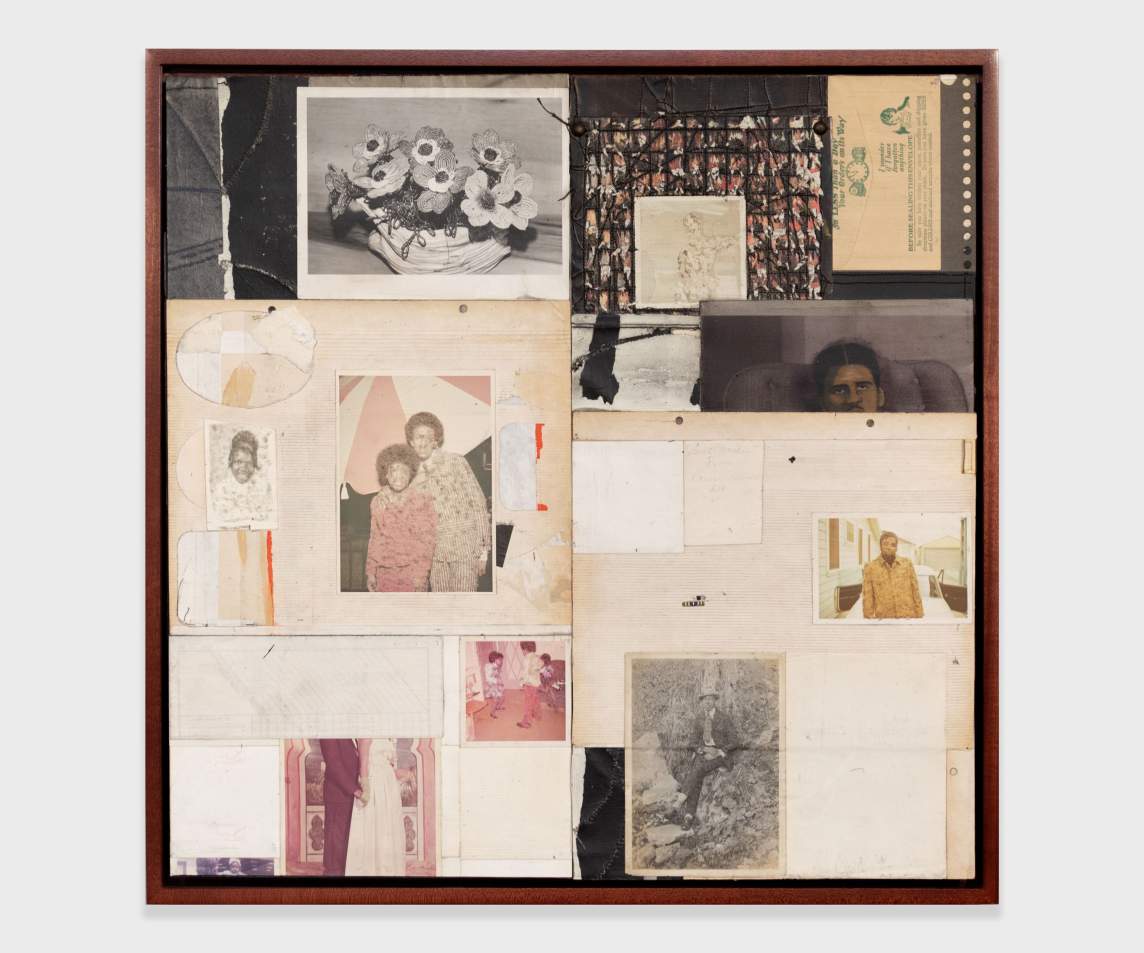 The yellowed pages and faded photographs that make up this collage are laid out in an irregular but careful grid of strict verticals and horizontals. Images include black-and-white and color photos of Black men, women, and children, lined paper, and a blank ledger sheet.