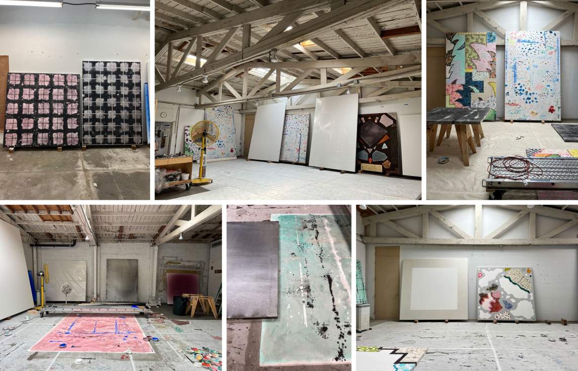 A grid of iPhone photos of artworks in progress in the studio of Rebecca Morris.