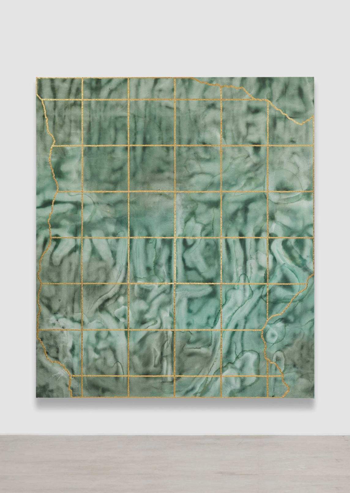 Untitled (#05-23) is an abstract painting with a washy green mottled ground, overlaid with a gold linear grid, interrupted by organic lines at the edges.
