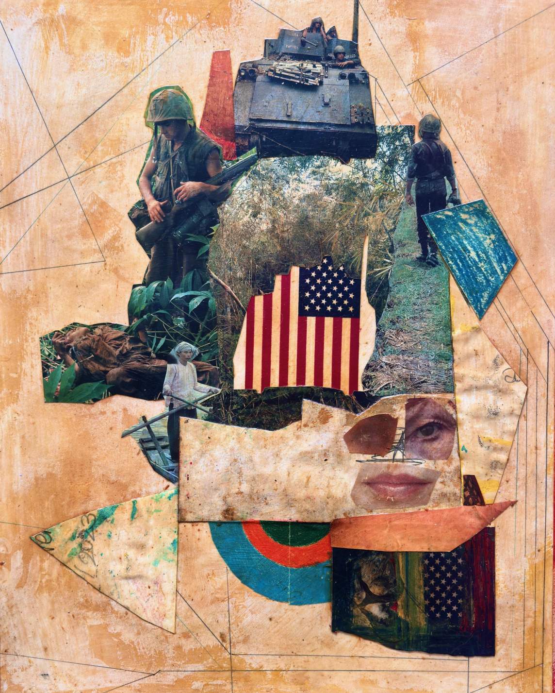 Collage with fragments of pictures showing soldiers including one looking down onto a prone body, presumably dead, and an armored tank around an American flag. Two disparate eyes and a mouth cut from color photos make up a distorted face near the lower right.