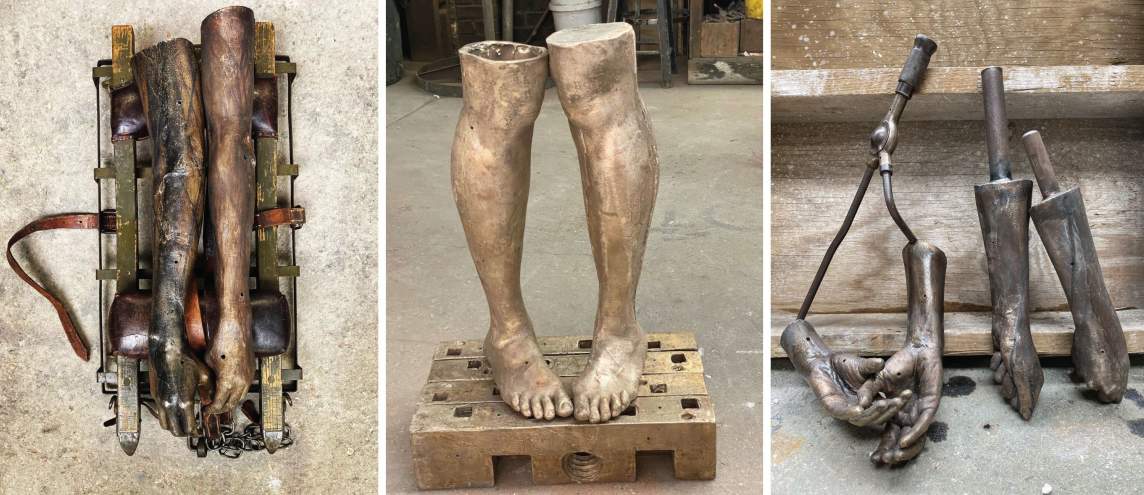 Three views of pairs of cast human arms or legs. To the left, two arms lie along a sled-like support. In the center, two legs to just above the knees stand with big toes touching, and, to the right are two pairs of hands with forearms leaning against a ledge.