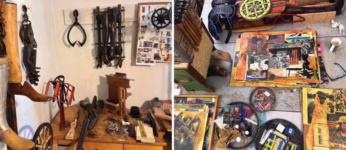 The left of two studio views shows tools on a wood work table and casts, more tools, and overlapping pictures pinned to a bulletin board hanging on the wall. In the second snapshot, we look down onto tidy piles of collages around platters holding supplies like chalk or pastel.