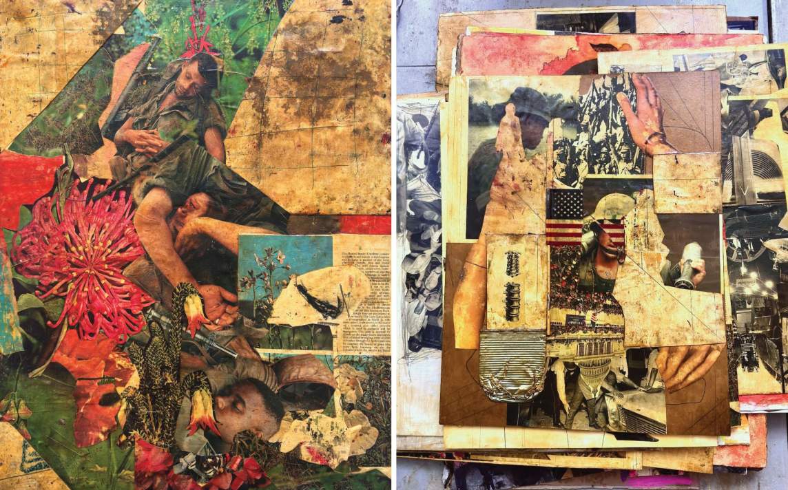 The collage on the left juxtaposes snapshots of sleeping soldiers with flowers and plants. To the right, the topmost on a stack of collages is made up of fragments of pictures showing soldiers, the US Capitol building, and hands.