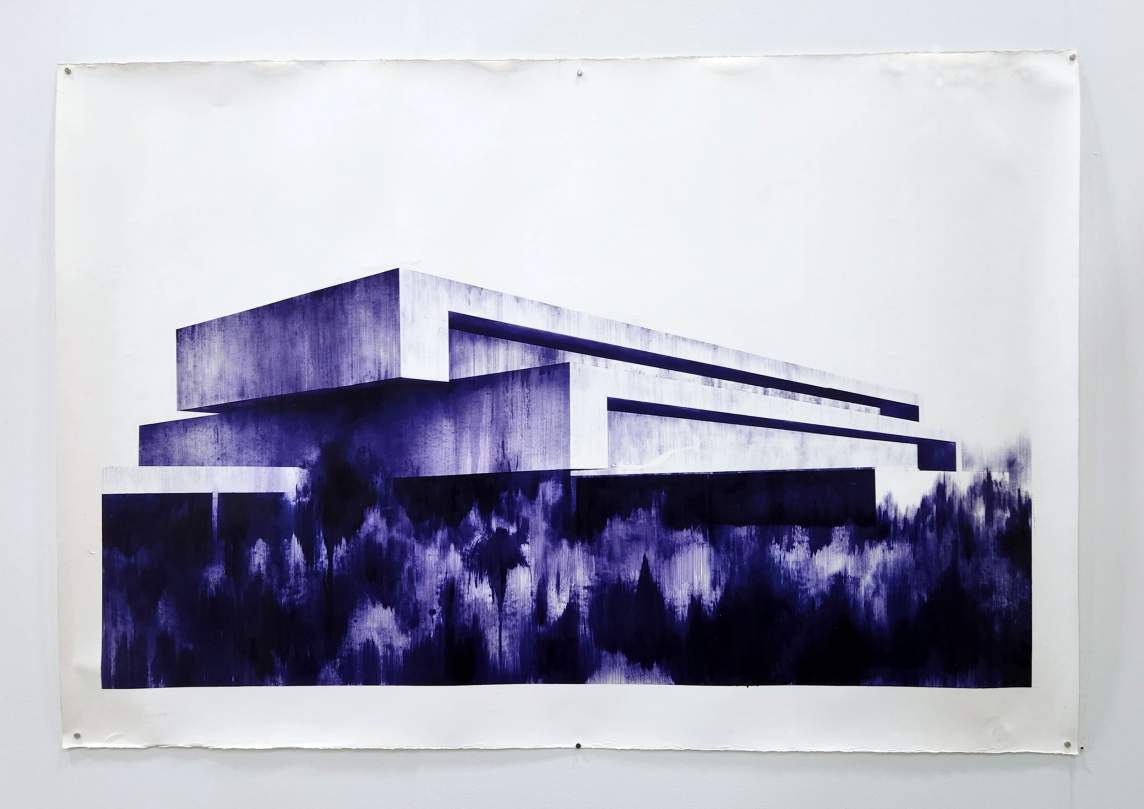 Painting on paper of brutalist modern buildings with purple foliage on a white wall; art supplies on a cart to the left.