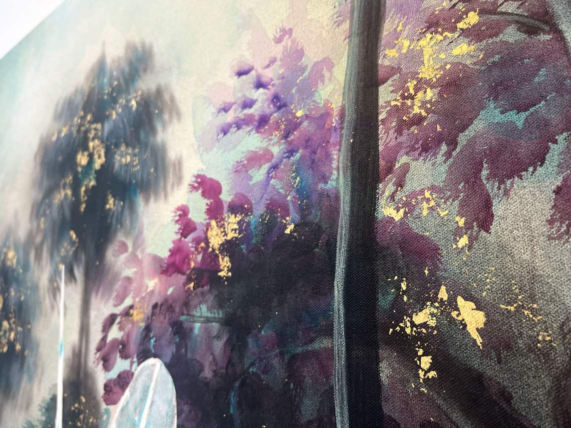 A close up detail of a painting shows purple foliage and dark palm tree, flecked with gold leaf accents.