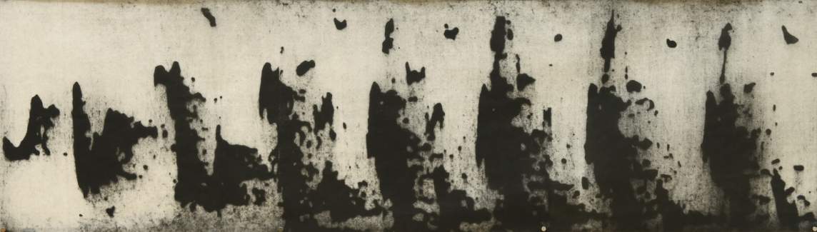 In a detail of Kahea, abstracts black spikes and arches repeat in black on off-white paper.Abigail Kahilikia Romanchak, Kahea (detail), 2019. Sekishu paper, etching ink, 4 x 22 feet.