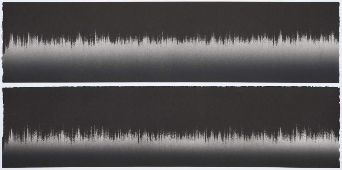 An etching with white lines spiking up into a black band on two strongly horizontal sheets of artist's paper. This artist's print is reminiscent of the frequency of sound waves recorded graphically.