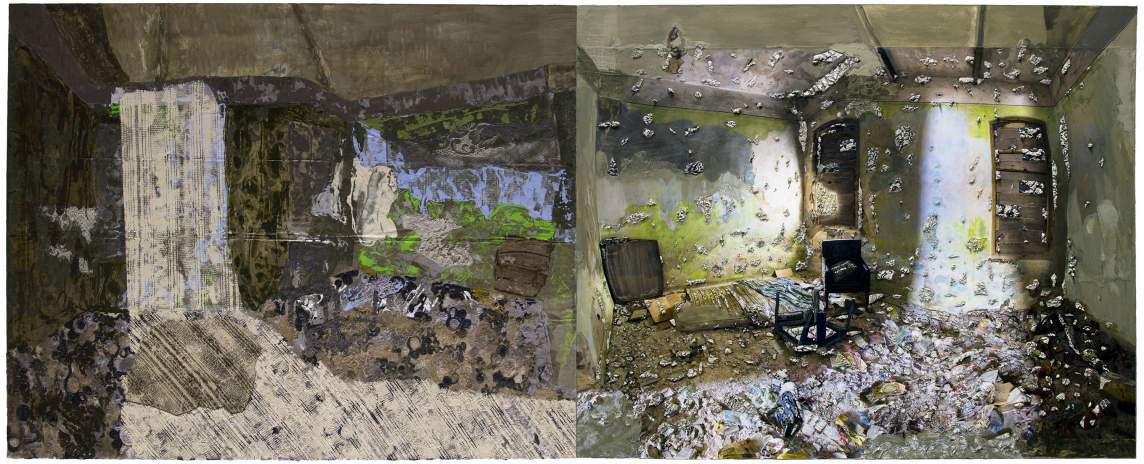 Mirror Ceiling: A Room with a Mattress and a Chair is a mixed-media composition on two canvases pushed together to make one composition. On the right is a photo of a dilapidated interior with a mattress on the floor and a chair next to it. The artist has added bits of concrete and lace to the surface. On the left is a painted version of the same interior in mirror image, with concrete and lace again added to the surface.