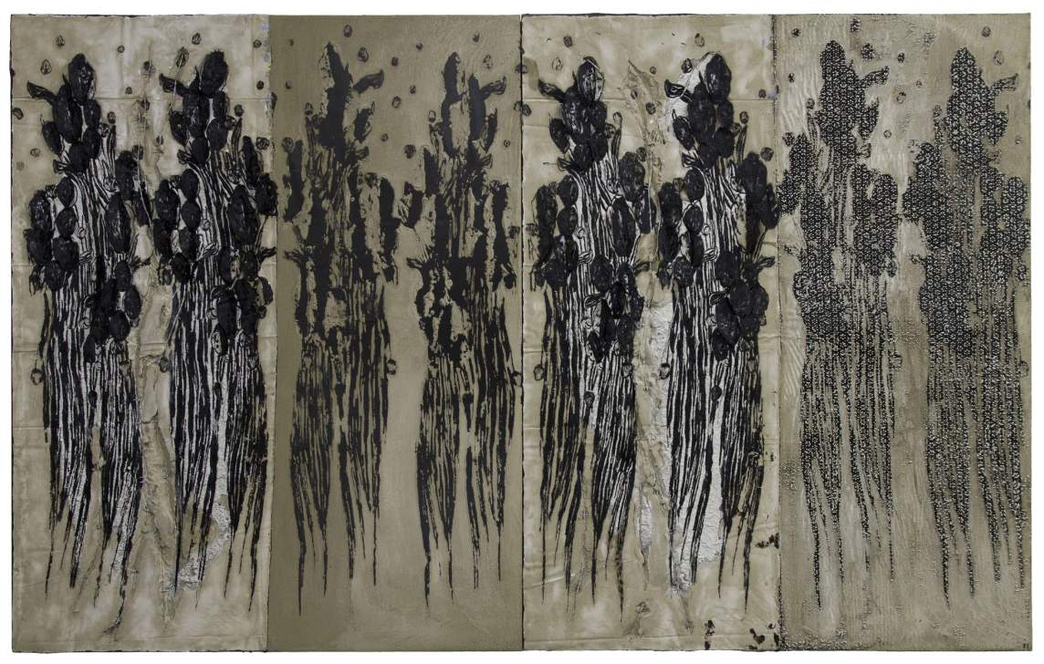 Those Who Got Away is a rectangular multi-media artwork on white fabric. Black acrylic paint and bits of cement and barbed wire are used to create an abstract shape—somewhat figurative, but also plant-like—that repeats across each panel of the artwork, with a different surface treatment in each section.