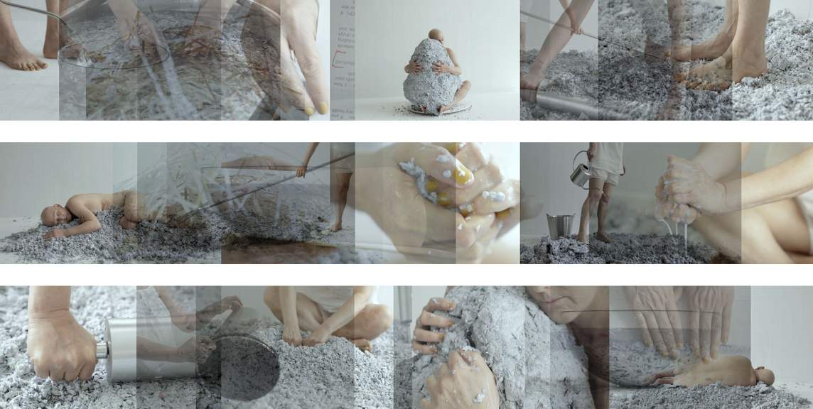 A grid of nine images shows an artist grasping, stomping, and pounding on mounds of gray paper pulp.