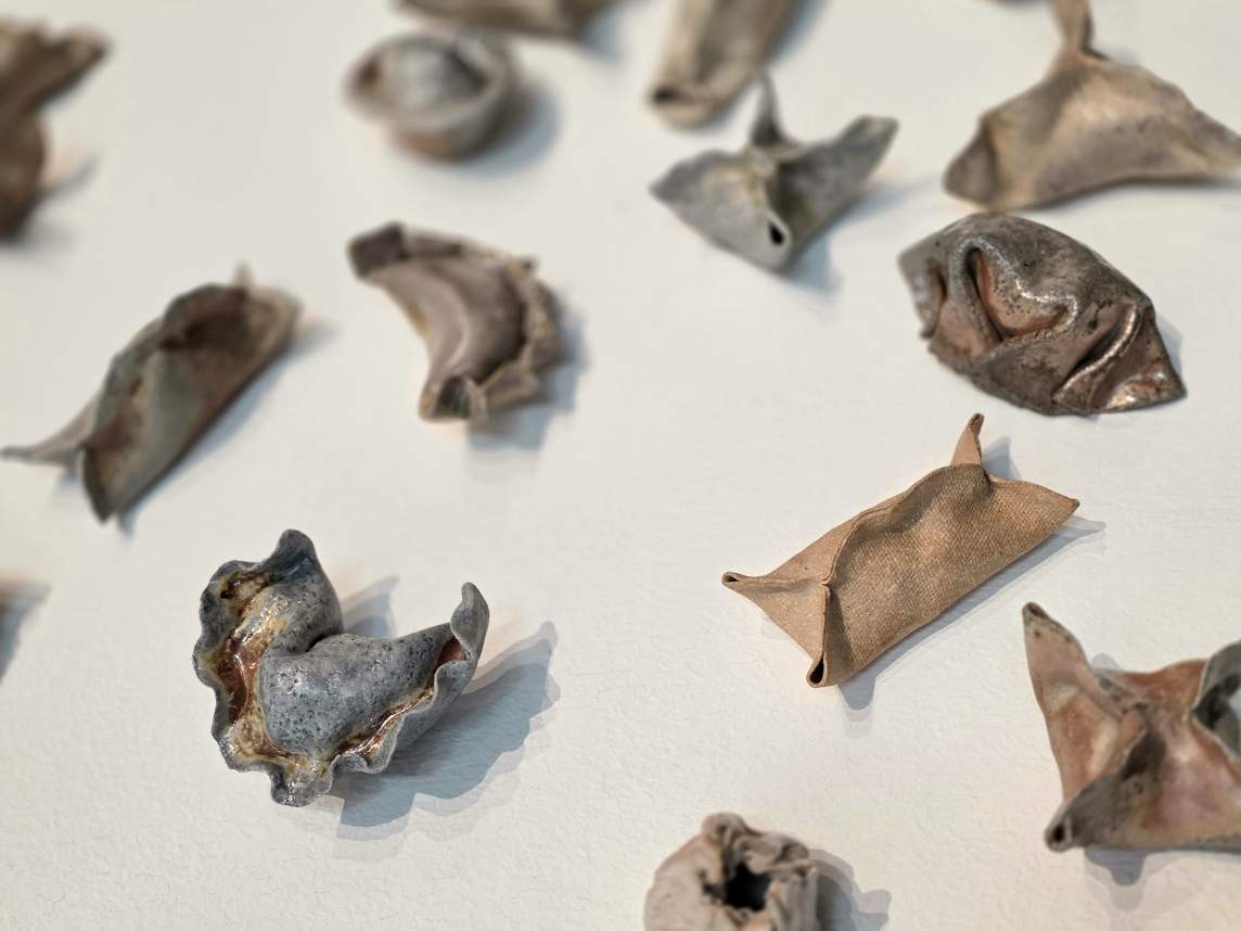 Close up of a dozen ceramic dumplings in earthy shades of gray and brown. Some are crescent shaped and glossy, while others are rectangular and textured like fabric.