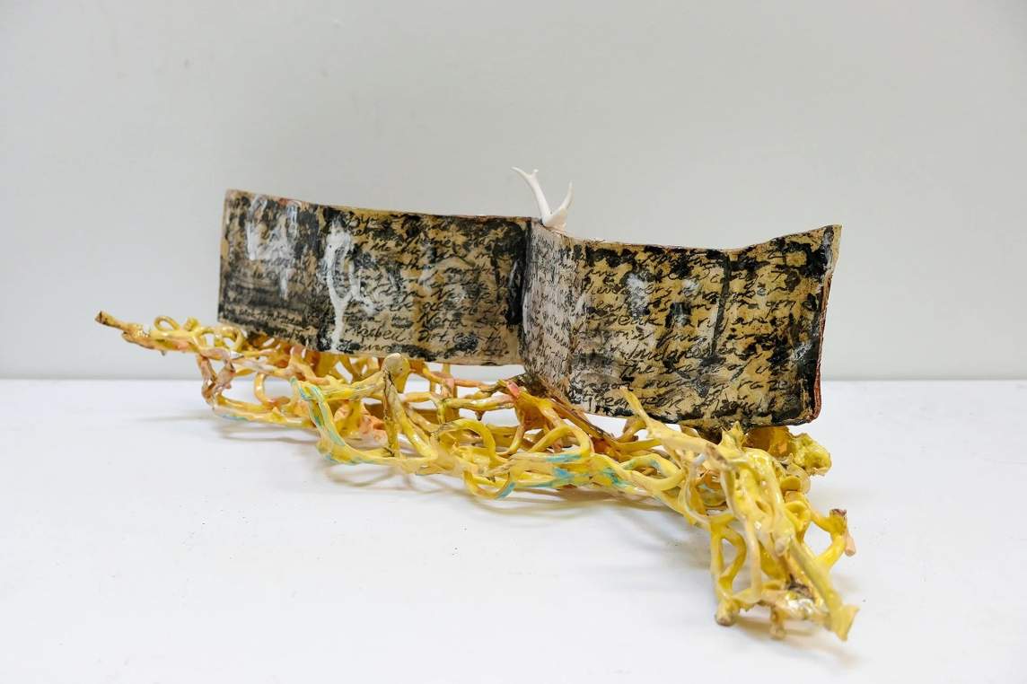 A long panel with writing across its surface sits along a nest of yellow and tan branches resembling coral or brambles. The writing on the panel is black, and much of it is smudged or scribbled out. A tiny pair of white antlers perches on the top center of the long strip.