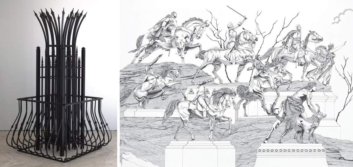 The first of two works of art is made up of black, wrought iron fencing material. Railing that swells outward near the bottom creates a square around a second, tighter cluster of taller fence posts. At the center, a ring of even taller posts with spear-like tips curve outward like a newly blossoming flower. A black and white drawing to the right shows six men on horseback and one man with a wolf.