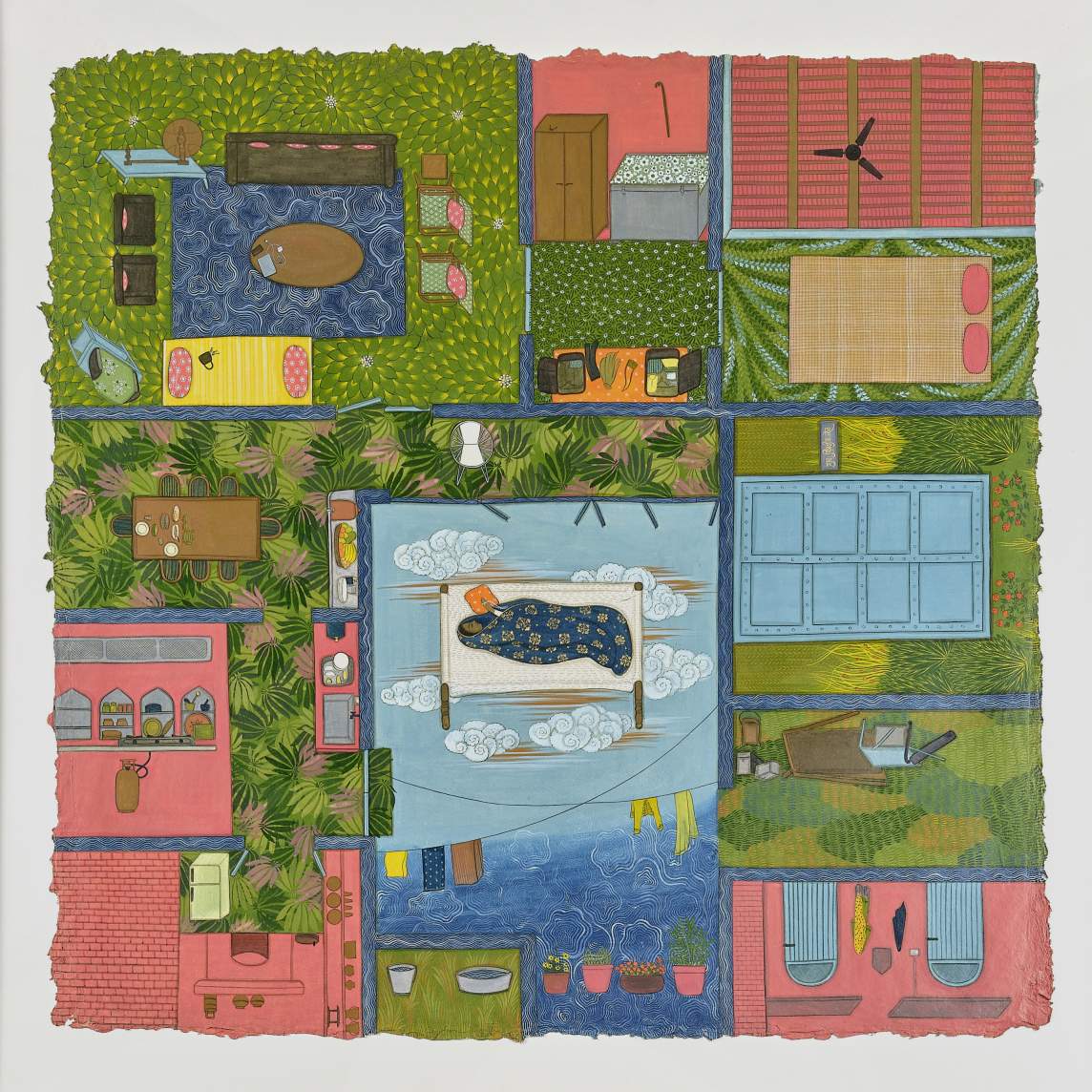 A colorful, top-down view of a stylized house with patterned green floors, various furnished rooms, and a person lying on a bed in the center surrounded by clouds, enrobed in blue patterned fabric.