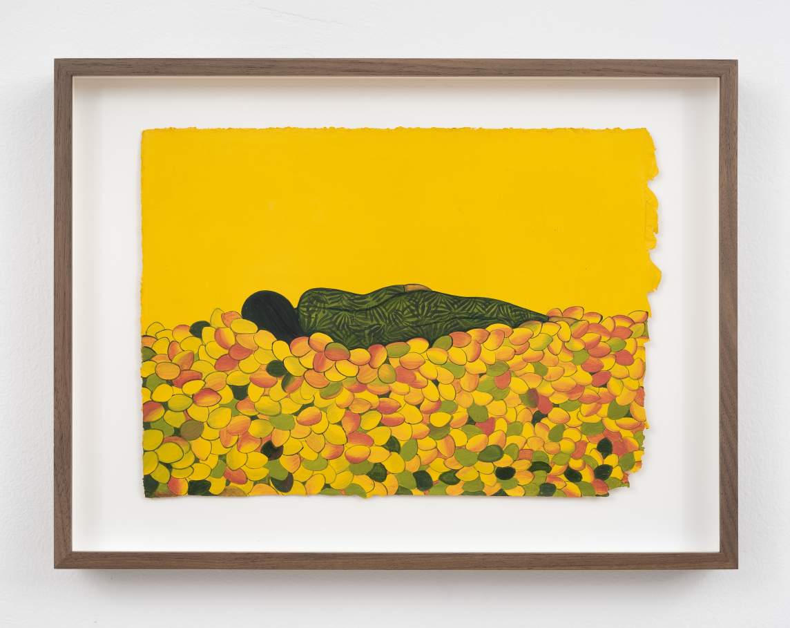 Consoling Myself That I’ll Be Back Soon depicts a woman lying down with her back to us on a pile of yellow, orange and green mangos, against a solid yellow background.