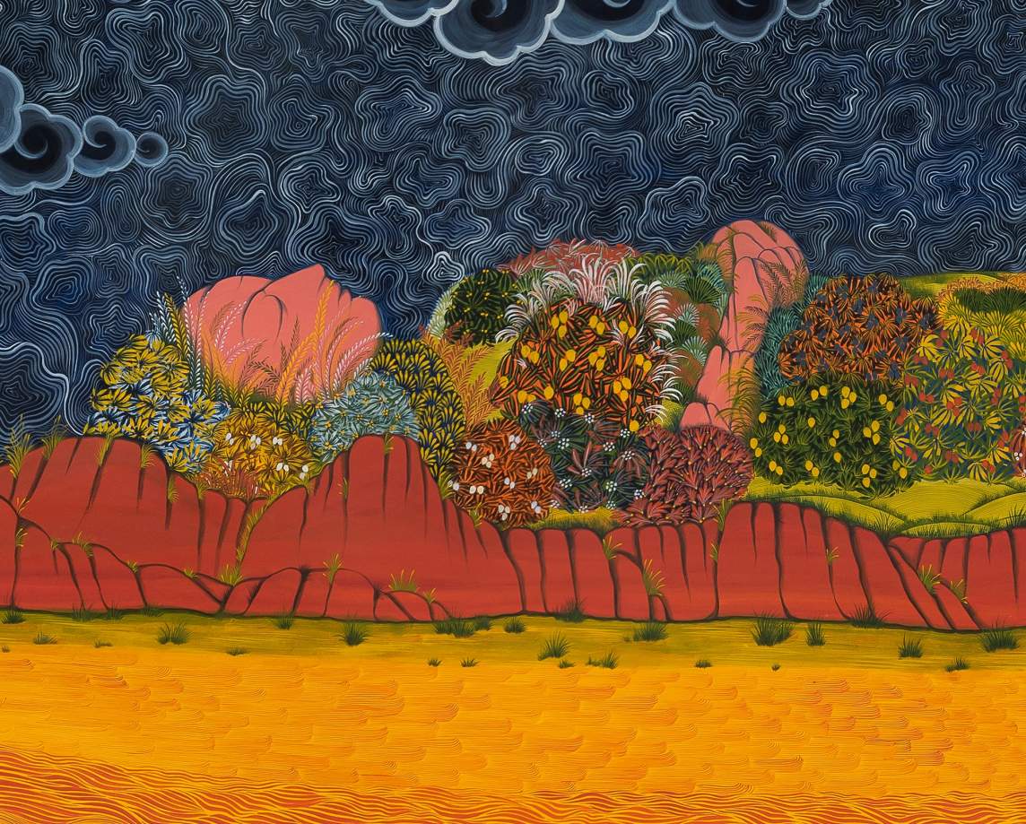 Detail of The Dreamweaver depicts a figure laying down, their body composed of patches of flowers and greenery in fine lined details.