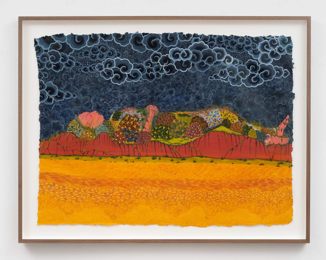 The Dreamweaver depicts a figure laying down, their body composed of patches of flowers and greenery, on top of a low orange mountain, beneath a dark, swirling cloud-filled sky, with a bright orange foreground.