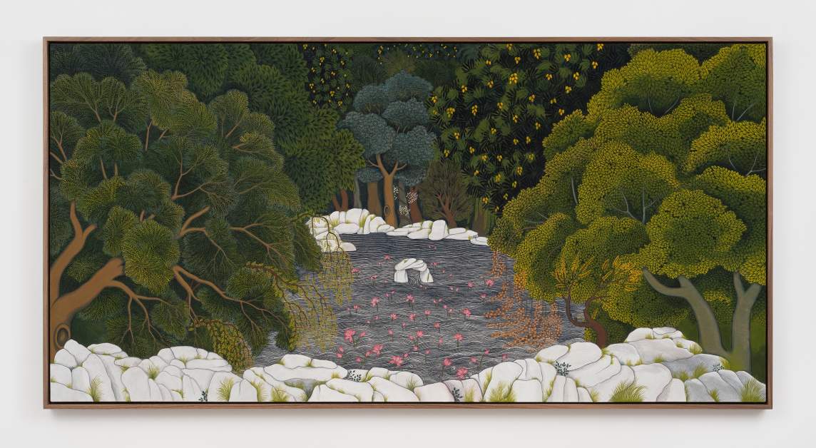 Where Dreams Flow depicts a pond surrounded by dense, green trees and white rocks, with pink lotus flowers in the water and a small arch of rocks in the center.