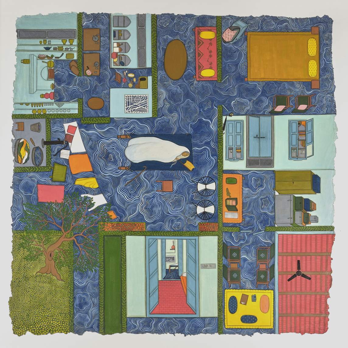 A colorful, top-down view of a stylized house with patterned blue floors, various furnished rooms, and a person lying on a bed in the center, enrobed in white.