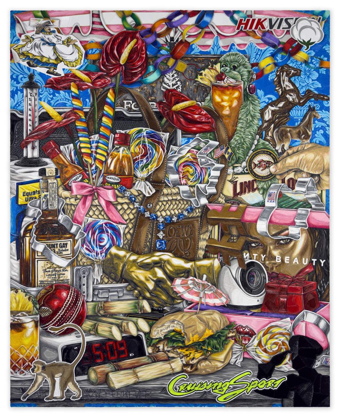 Cookie cutters, lollipops, trinkets, drinks, flowers, stickers, and other household miscellanea are piled together, stacked and overlapping, in this vertically oriented, highly detailed still-life painting. The surfaces seem smooth and pristine, and light glints off metal, glass, and cellophane.