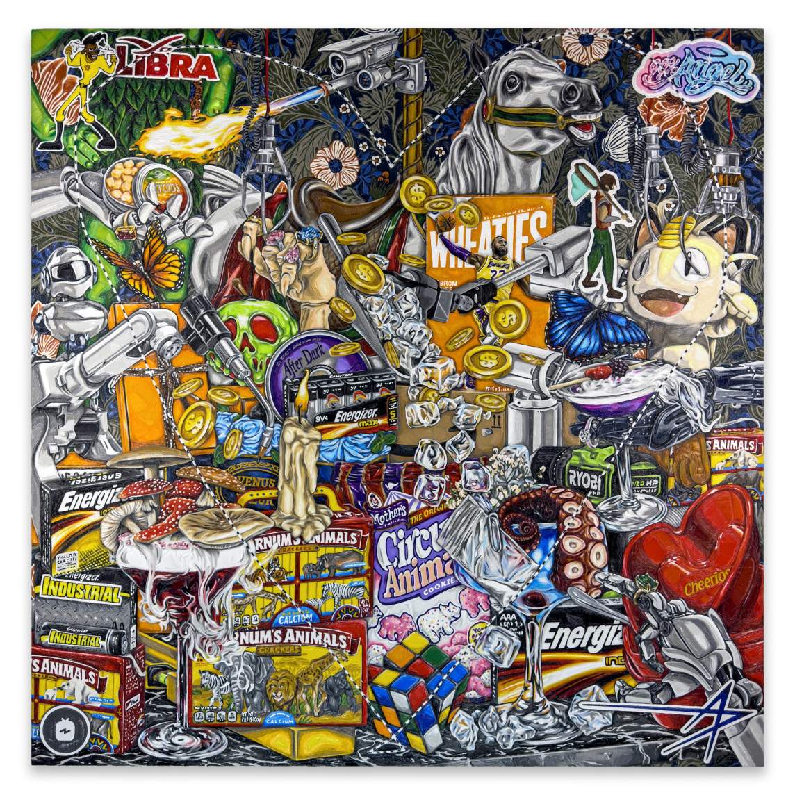 THE SUM OF THINGS I (ALLEY-OOP) is a square painting of a dense and colorful assemblage of objects and images from popular culture filling the entire field, including animal crackers, Energizer battery packaging, Wheaties box, Pokemon figure, a horse head, stickers, tumbling ice and gold coins, martini glass and more.