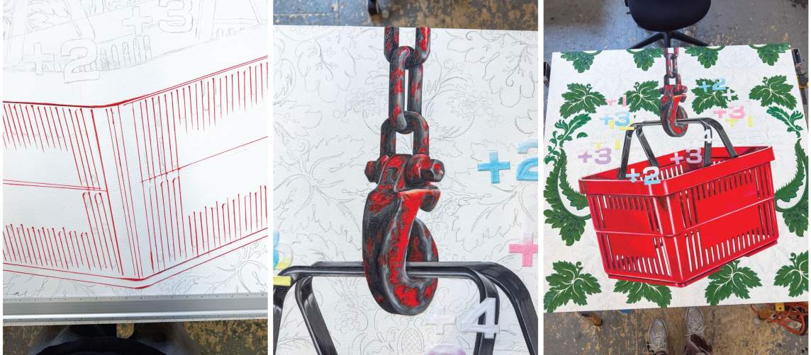 The first of three views showing the making of THE LIMIT DOES NOT EXIST focuses on the red lines of a handheld shopping basket. The next detail shows a construction hook painted in complete detail against the sketched background. The third shows numbers floating around the basket hanging from the hook, and mostly one shade of green in the leafy background.