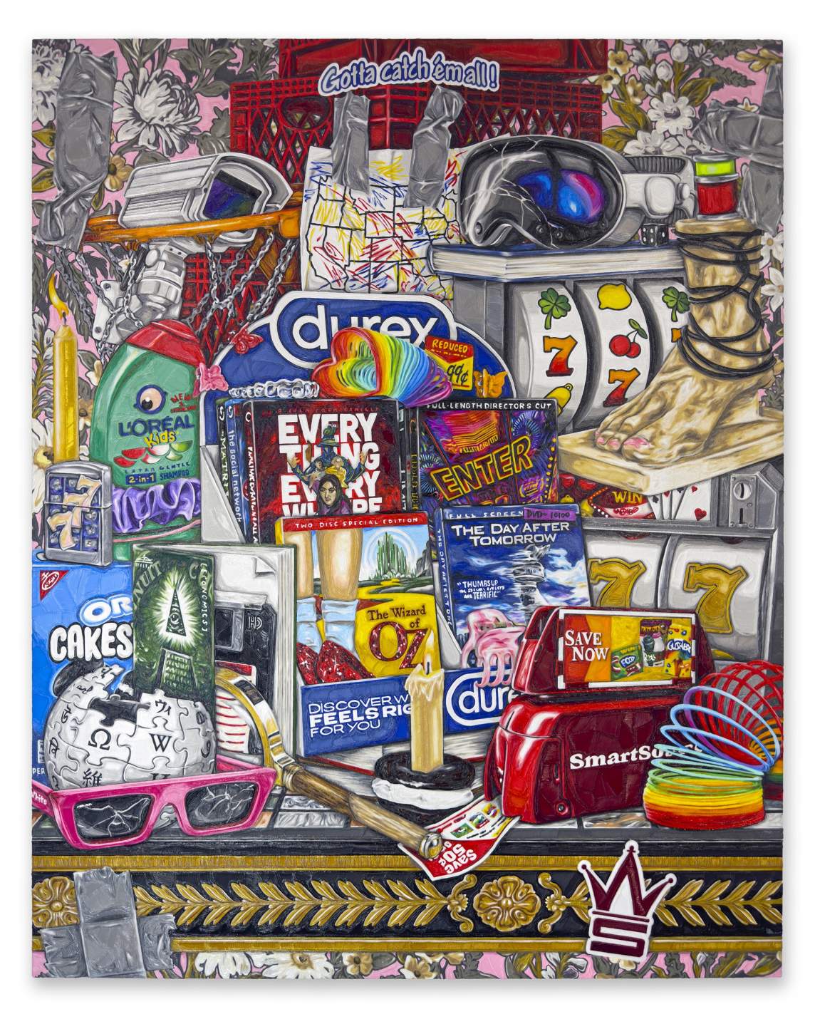DIRECTOR'S CUT is a vertical painting of a dense and colorful assemblage of objects, logos, and images from popular culture filling the entire field, including a slinky, pink sunglasses, Wikipedia logo, DVD boxes in a Durex display, a L’oreal kids shampoo bottle, slot machine, and much more.
