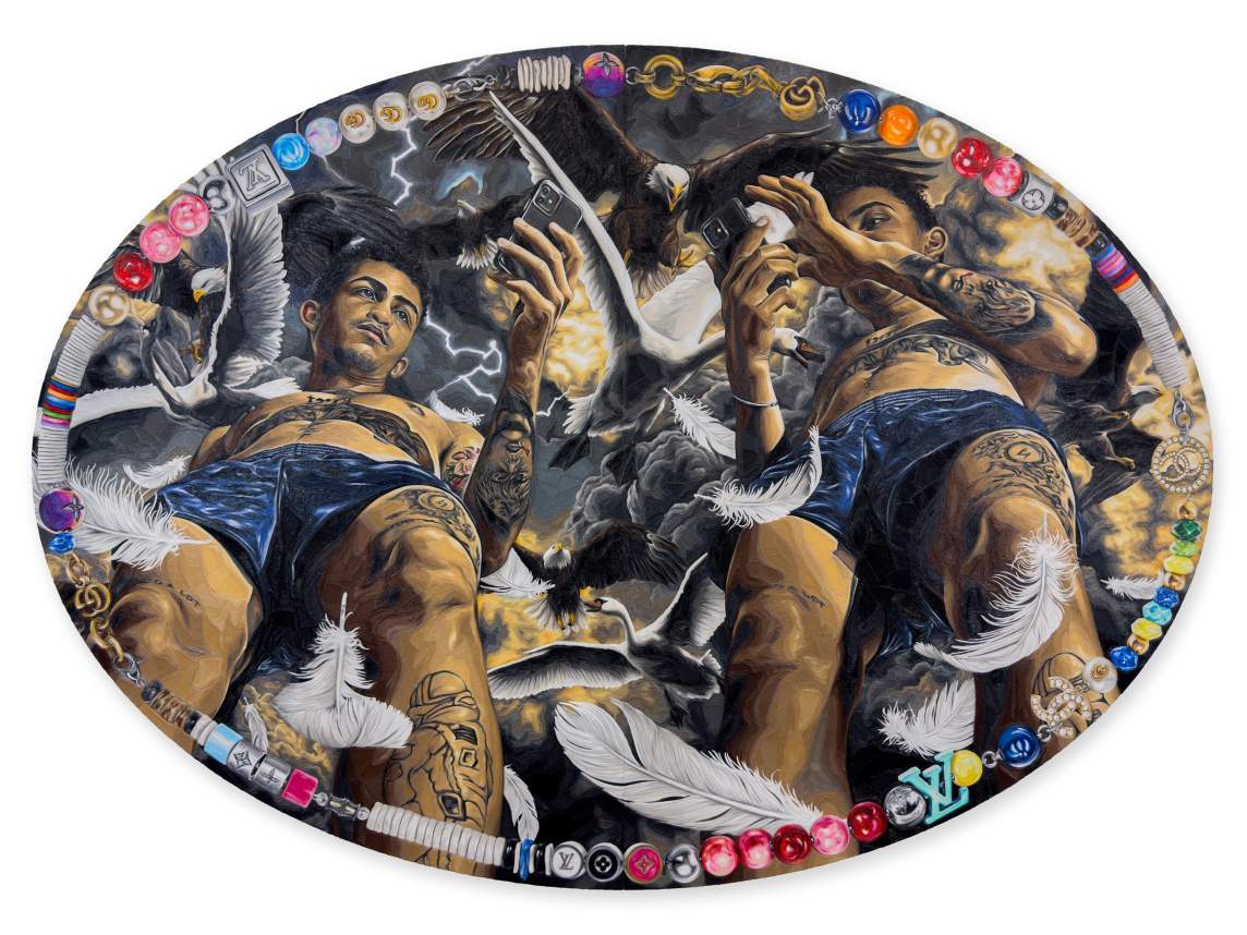 We look up at two men standing on the edge of an oval opening in this oval-shaped painting. The men are the same person repeated twice, so they have short, dark hair, a mustache, and medium-toned skin. They wear only blue shorts and have tattoos on the abdomens, legs, and arms. Both versions look at their smartphones as bald eagles attack swans against stormy clouds and lightning above. The inner edge of the panel is rimmed with a string of painted charms and beads.