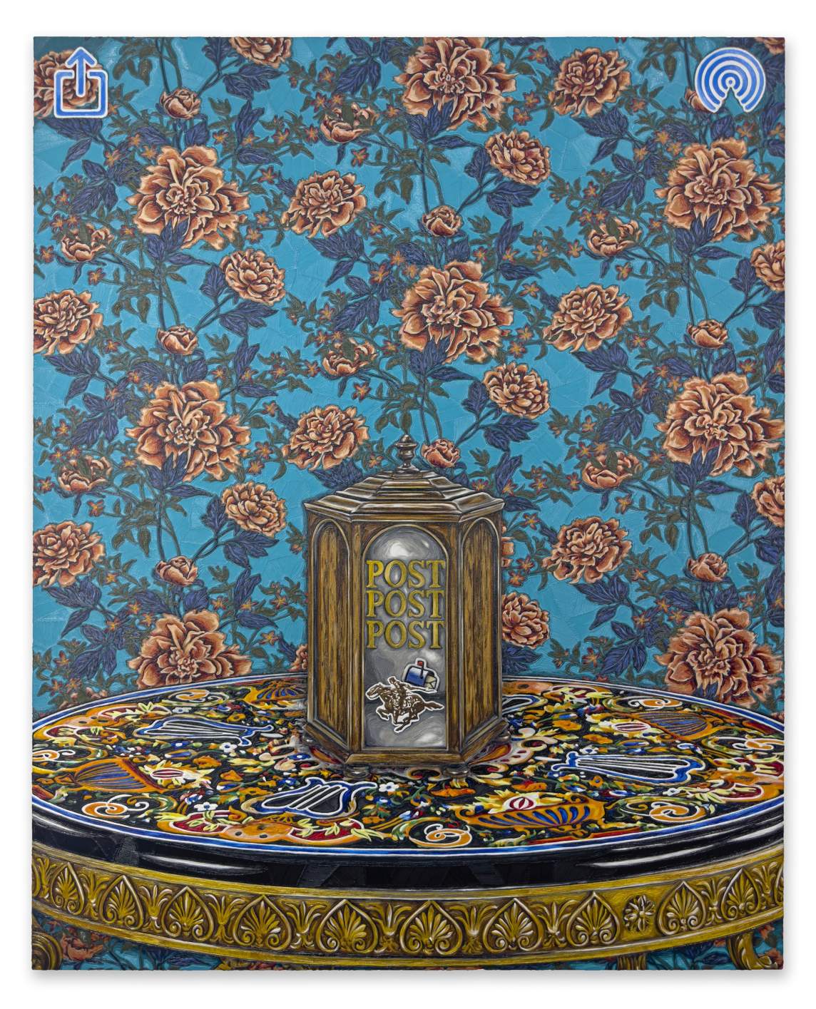 MUST GO THROUGH is a painting depicting a mailbox emblazoned with the phrase “POST POST POST” alongside a sticker of the original Pony Express logo, on top of an intricately inlaid round table in front of a floral wallpaper. At the top corners are upload and Airdrop symbols.