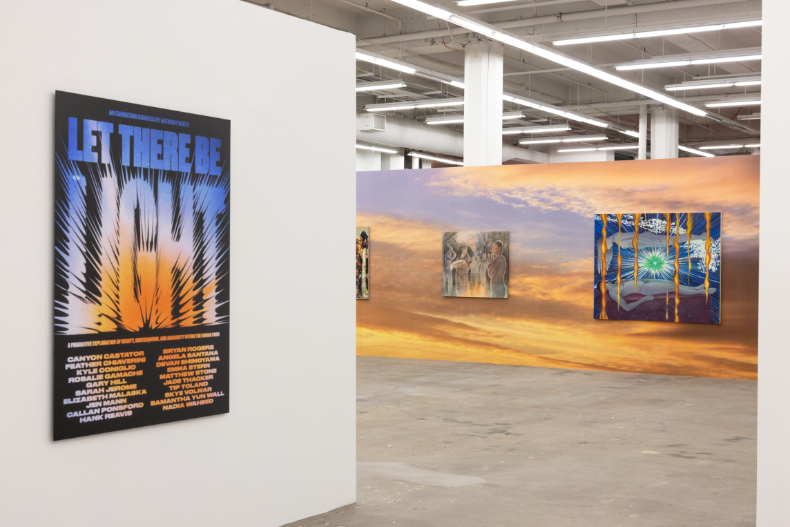 A sign reading “Let There Be Light” above twenty names in two columns hangs on a white gallery wall. Across from us, three works hang on a temporary wall covered with streaks of sunset, golden-yellow clouds against a periwinkle-purple sky.