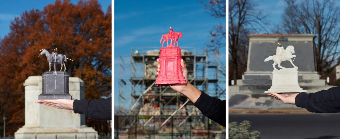 In each image of a composite showing three photos, a hand with medium-light skin tone holds out a wax replica of a monument of man on horseback in front of a plinth where that monument used to rest.