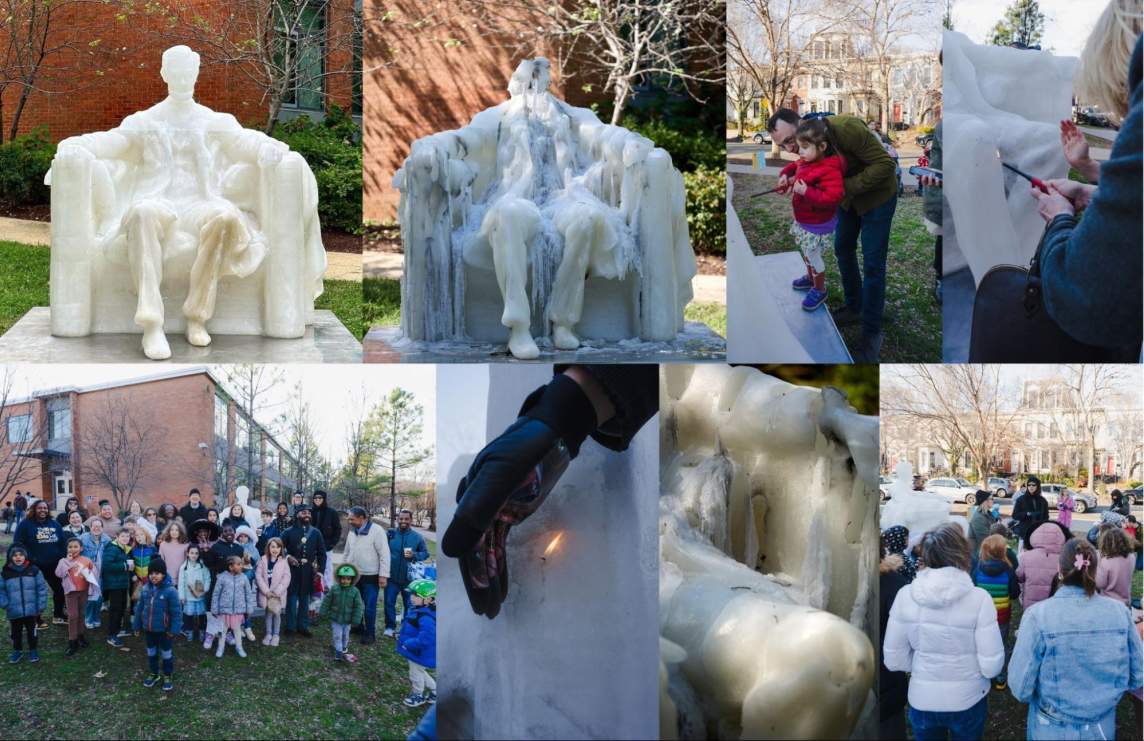 A composite of eight photos shows a life-size sculpture of a seated Abraham Lincoln created in wax. In the first image, we see the fresh wax sculpture. In subsequent images, visitors melt sections with lighters and we see the form deteriorate. Two photos show crowds gathered around the sculpture.