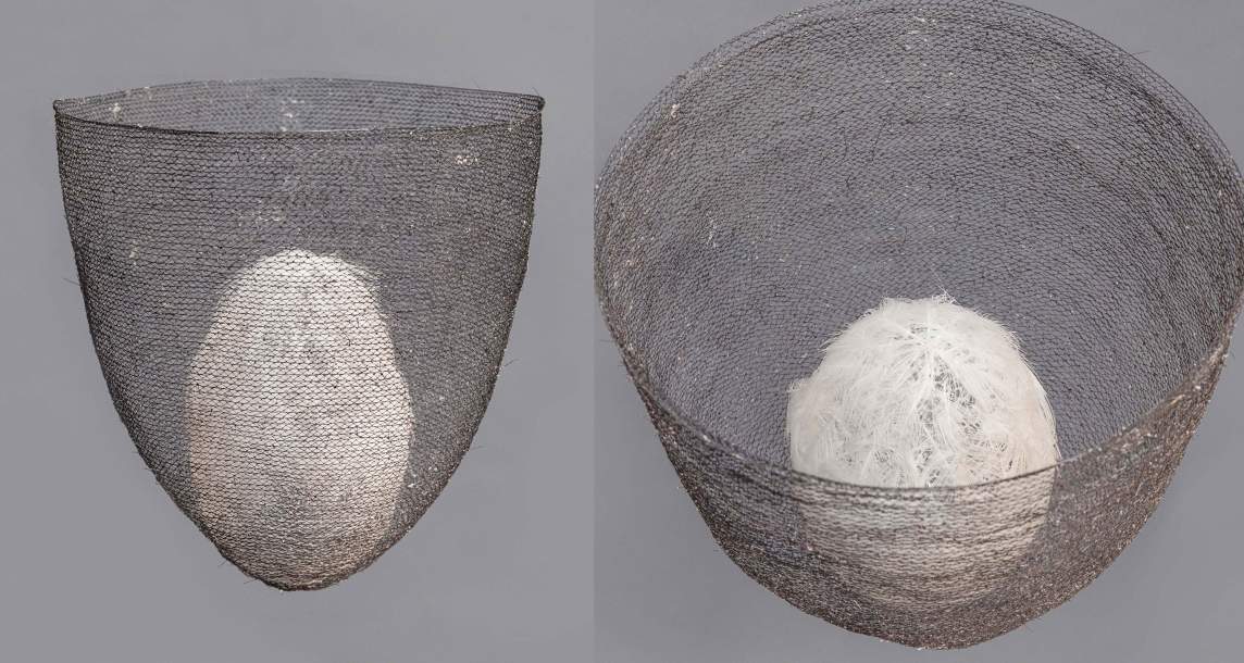A composite photo shows two views of The Offering Bowl, a sculptural vessel made of human hair, horsehair and feathers. The outer cup form is translucent woven material. Inside sits a white egg form created from feathers.