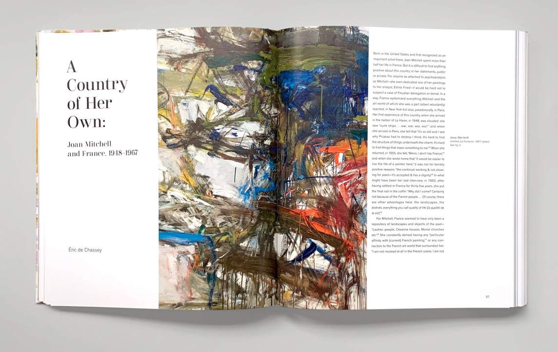 Page spread of Joan Mitchell Retrospective Catalogue showing a painting and text