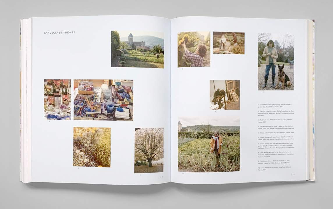 Page spread of Joan Mitchell Retrospective Catalogue showing several photographs of Joan Mitchell