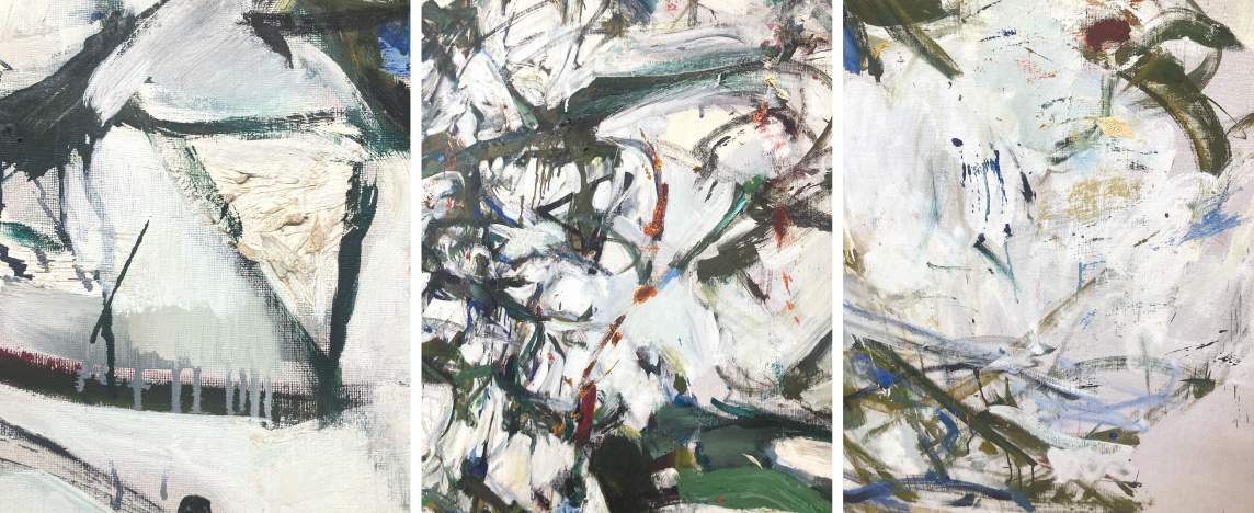 3 images of details of an abstract painting. On a white ground are greenish black marks of various size and gesture, white drips of paint, and textured details.