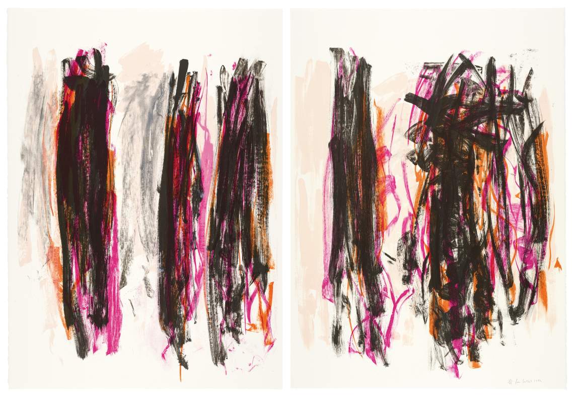 Trees IV is an abstract print on two sheets of off-white paper, composed of  heavy vertical lines in clusters of black, orange, purple, and pink.