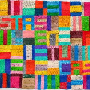 <p>Antonia Perez, <em>Estas en tu Casa</em>, 2015, crocheted plastic bags, 64 x 108 inches. Photo by Timothy K. Lee.</p>